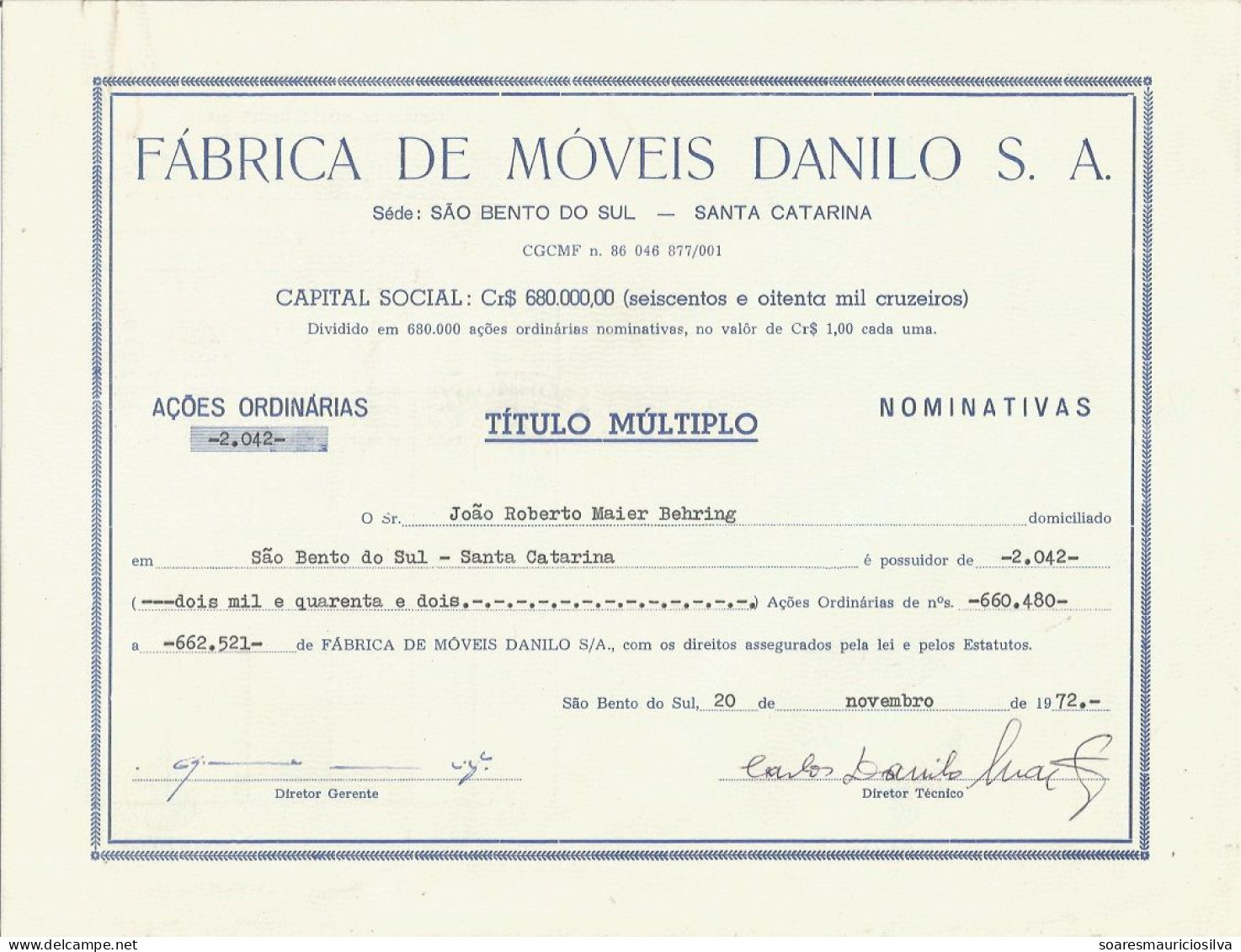 Brazil 1972 Shareholding Móveis Danilo S.A. From São Bento Do Sul Furniture Factory size 22x28,5 Cm - D - F