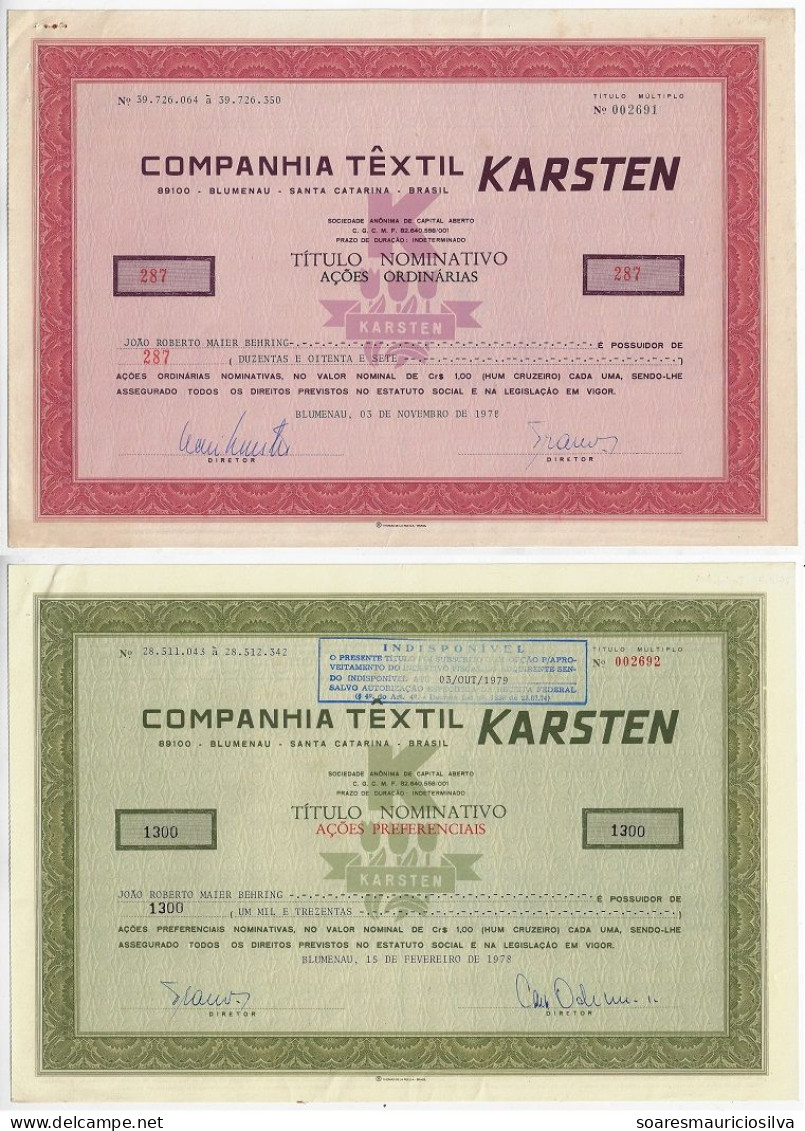 Brazil 1978 Shareholding Companhia Têxtil Karsten From Blumenau Textile Company size 22x31,5 Cm - J - L