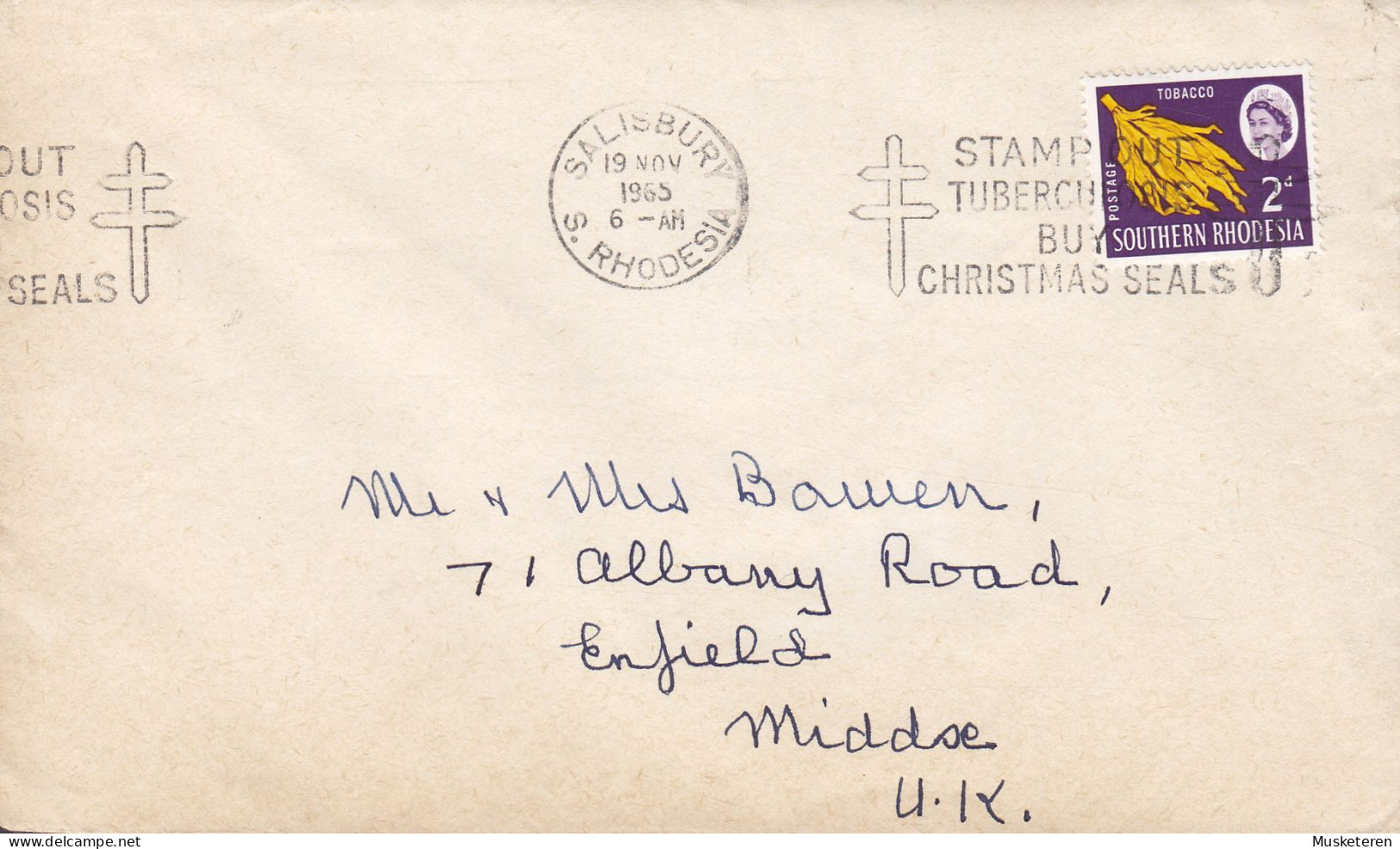 Southern Rhodesia 'Stamp Out Tuberculosis Buy Christmas Seals' SALISBURY 1965 Cover Brief Lettre ENFIELD England Tobacco - Southern Rhodesia (...-1964)