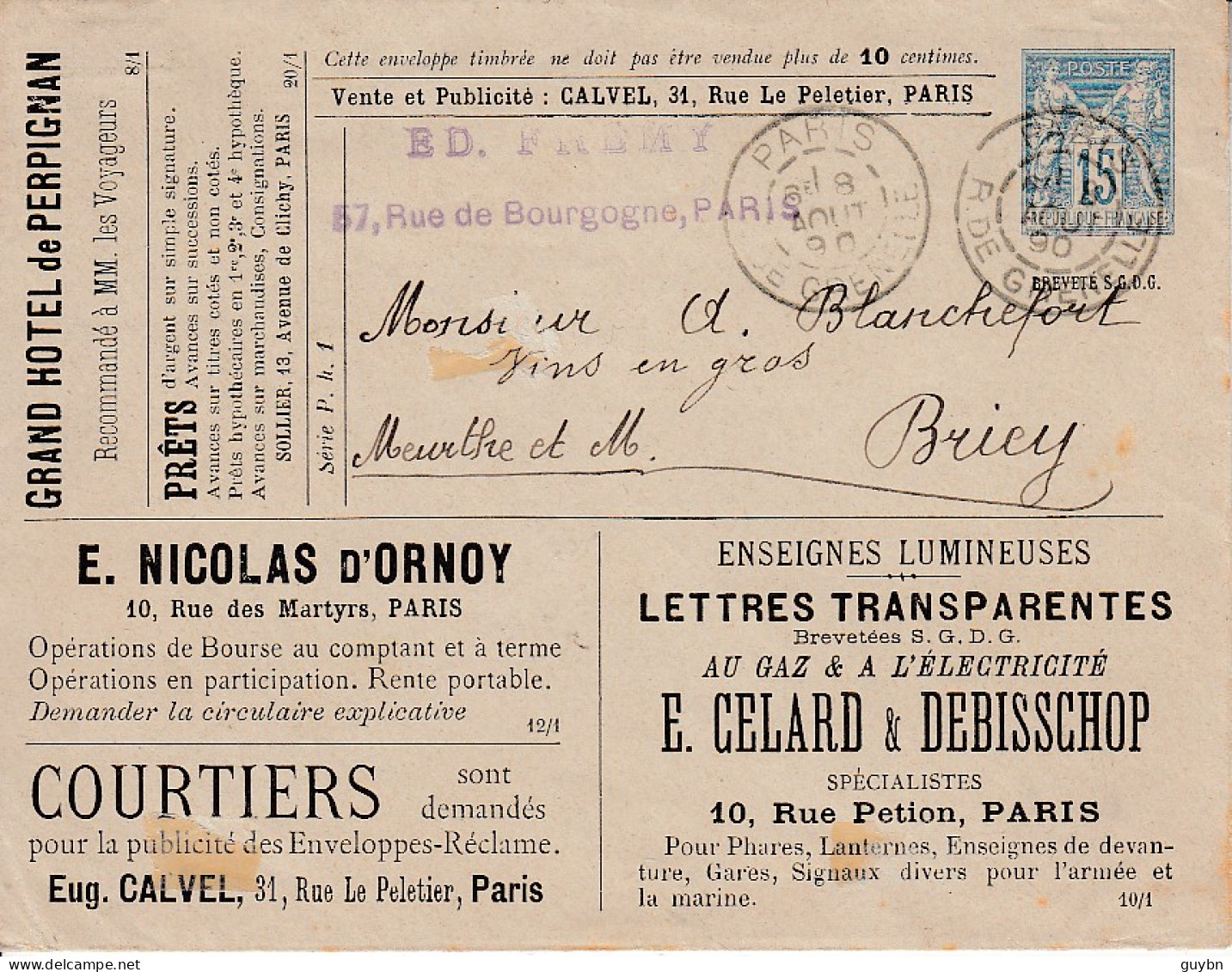 France .. Entier Enveloppe Annonces 15 C Sage .. SAG J75 A .. Editions Calvel Sur J69 .. Publicités De Paris - Overprinted Covers (before 1995)