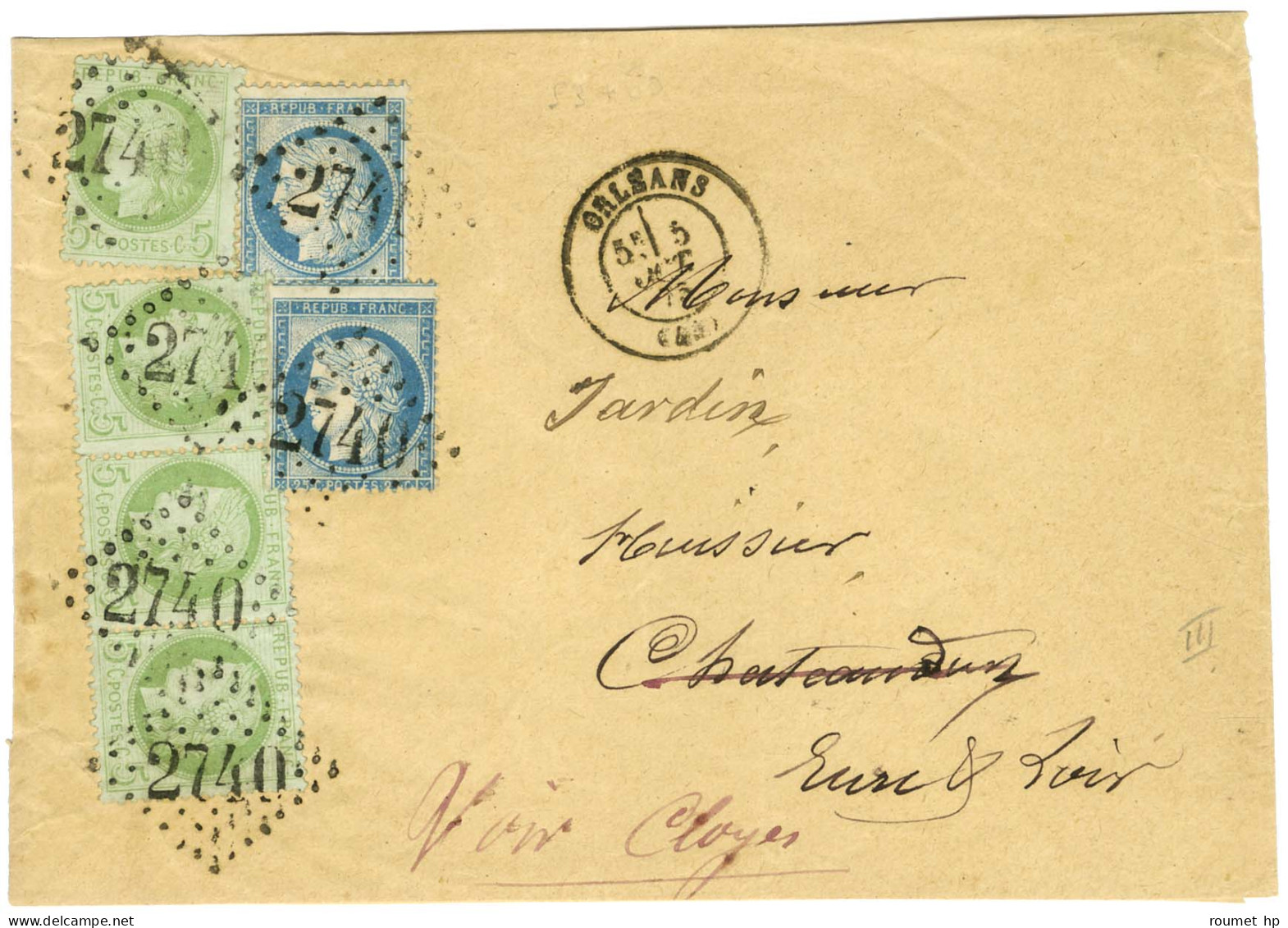 GC 2740 / N° 53 (4) + N° 60 (2) Càd T 17 ORLEANS (43) Sur Lettre 3 Ports Pour Chateaudun Réexpédiée à Cloyes. 1875. - TB - 1871-1875 Cérès