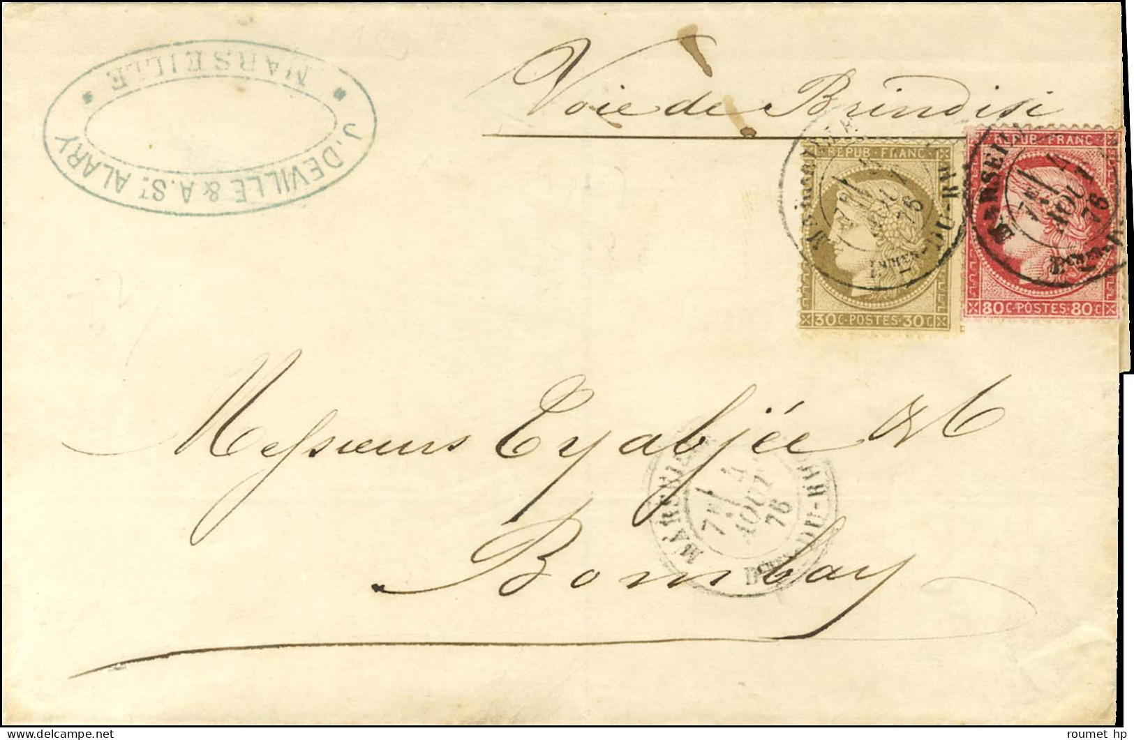 Càd T 18 MARSEILLE / Bches-DU-RHONE / N° 56 + 57 Sur Lettre Pour Bombay Par La Voie De Brindisi. 1876. - SUP. - R. - 1871-1875 Ceres