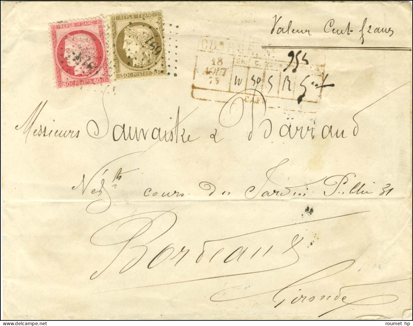 PC Du GC 691 / N° 56 + N° 57 Descriptif Rouge De Chargement Rouge De Caen Au Recto Sur Lettre Chargée Pour Bordeaux, Au  - 1871-1875 Ceres