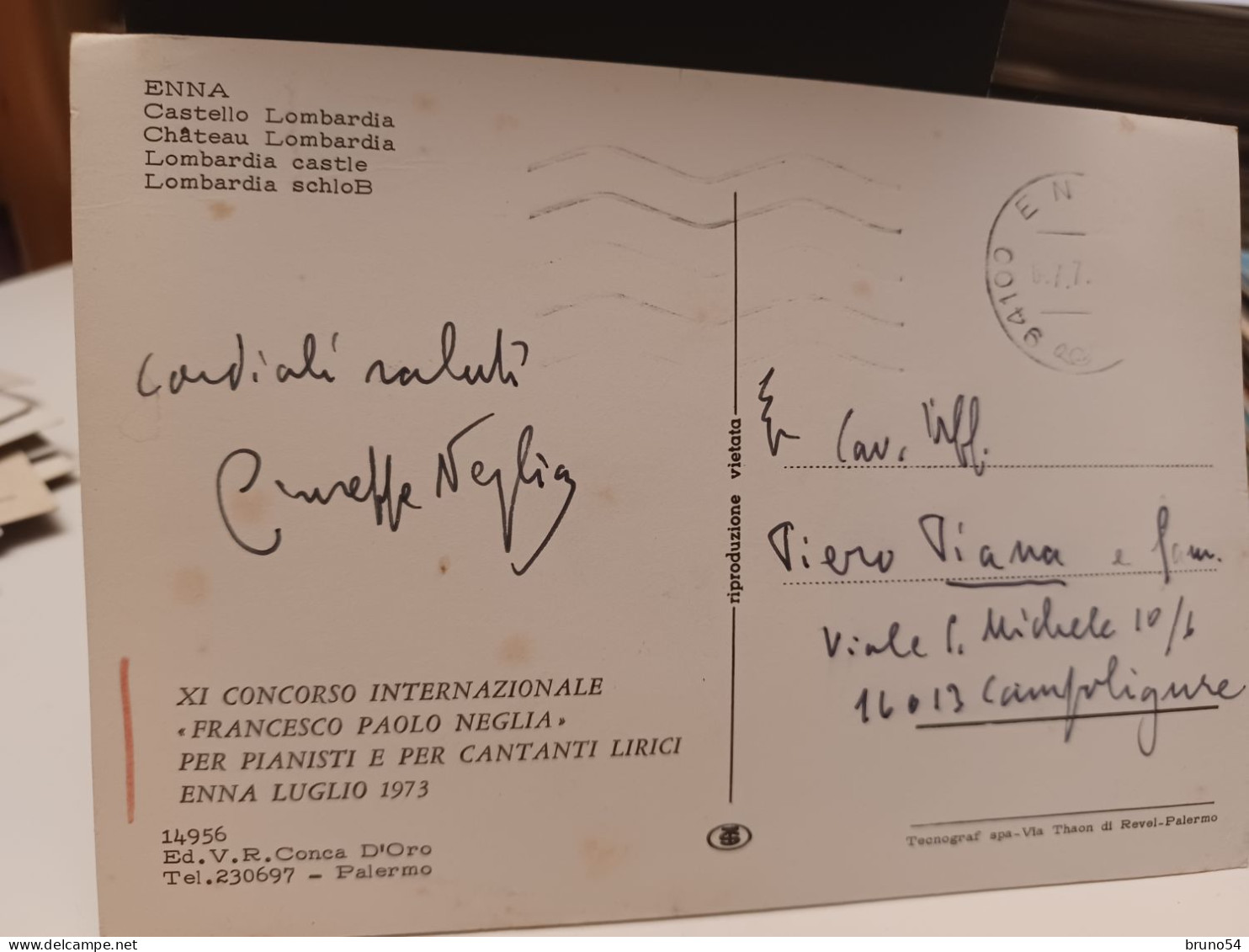Cartolina Enna Castello Lombardia ,timbro XI Concorso Francesco Paolo Nehlia Per Pianisti E Cantanti Lirici Luglio 1973 - Enna