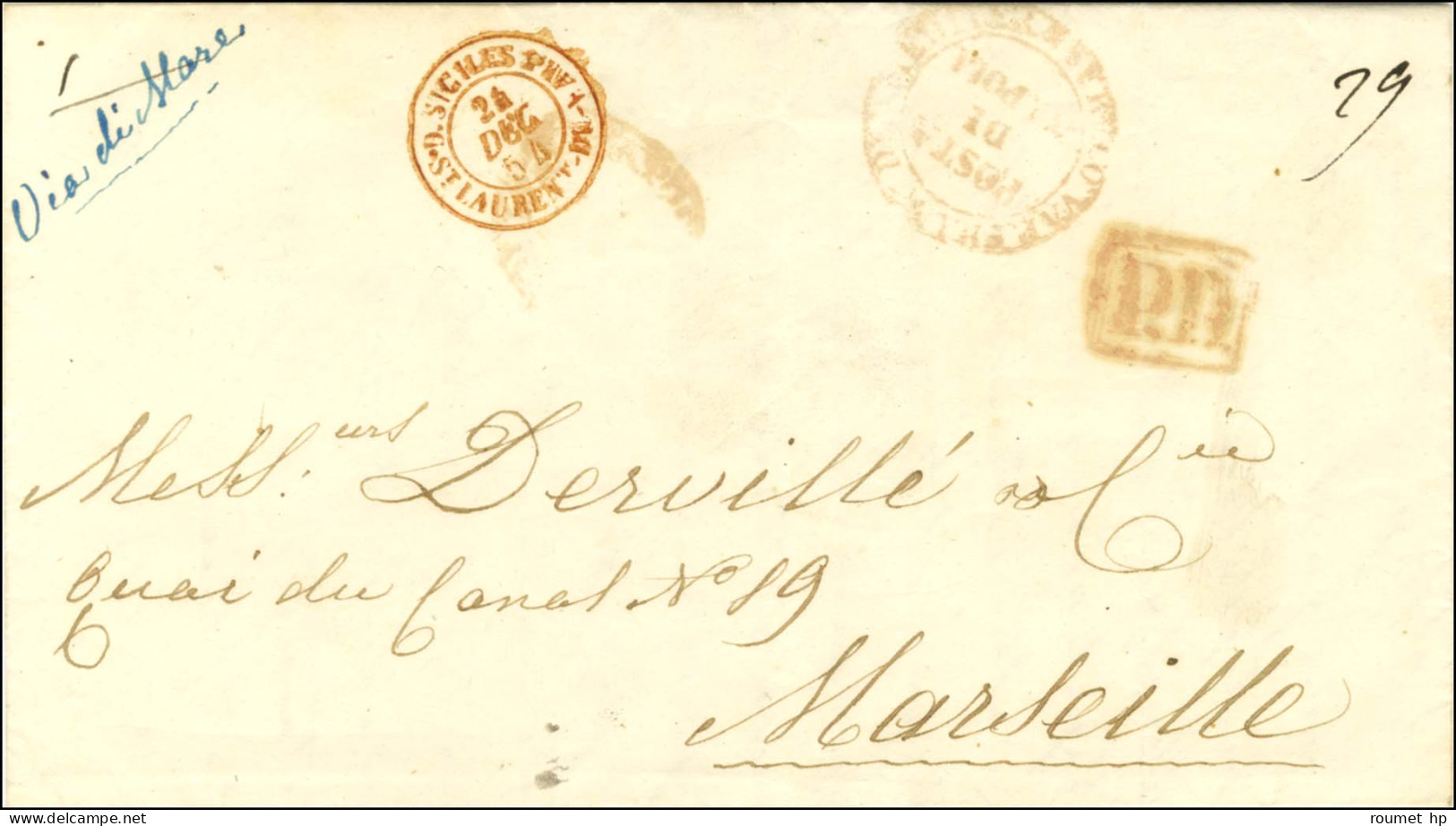 Lettre Avec Texte Daté De Naples Pour Marseille. Au Recto, Très Rare Cachet D'entrée Rouge D.SICILES / ST LAURENt DU VAR - 1849-1876: Periodo Clásico