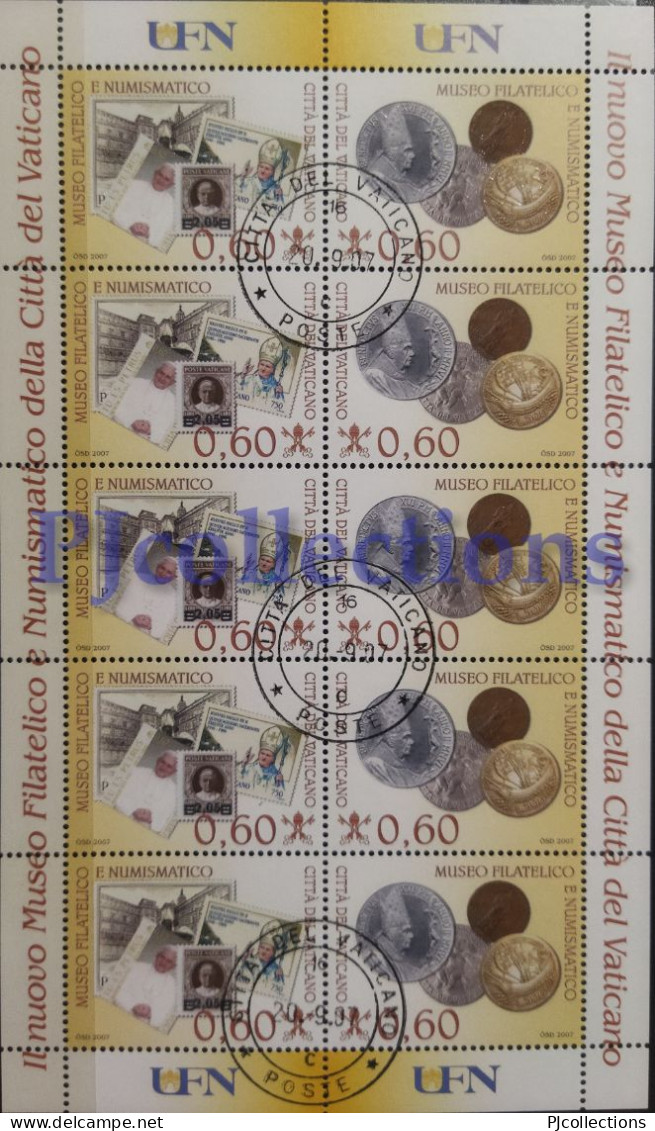 3708- VATICANO - VATICAN CITY 2007 MUSEO FILATELICO NUMISMATICO VATICANO FULL SHEET 10 STAMPS C/ANNULLO 1° GIORNO USED - Gebraucht