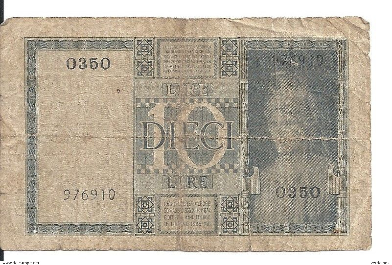 ITALIE 10 LIRE 1939-44 VG+ P 25 C - Regno D'Italia – 10 Lire