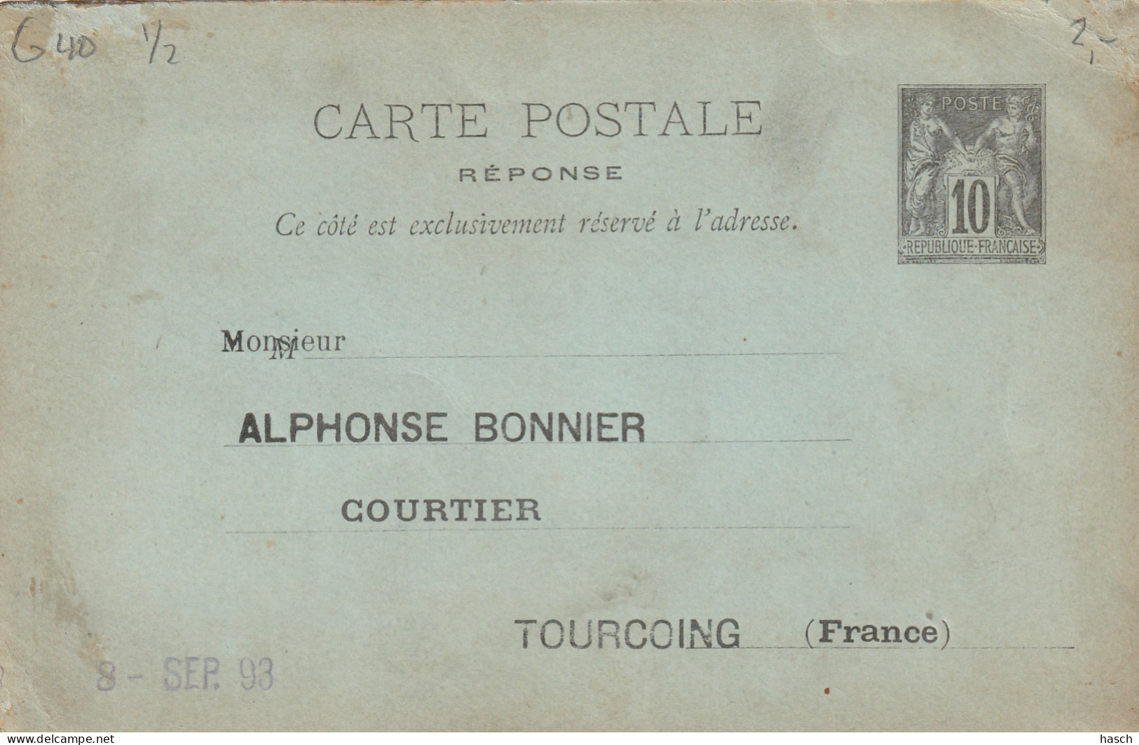 4898 147 France Entier Postale Type Sage Carte Postale  89-CPRP (carte Réponse) - Antwoordbons