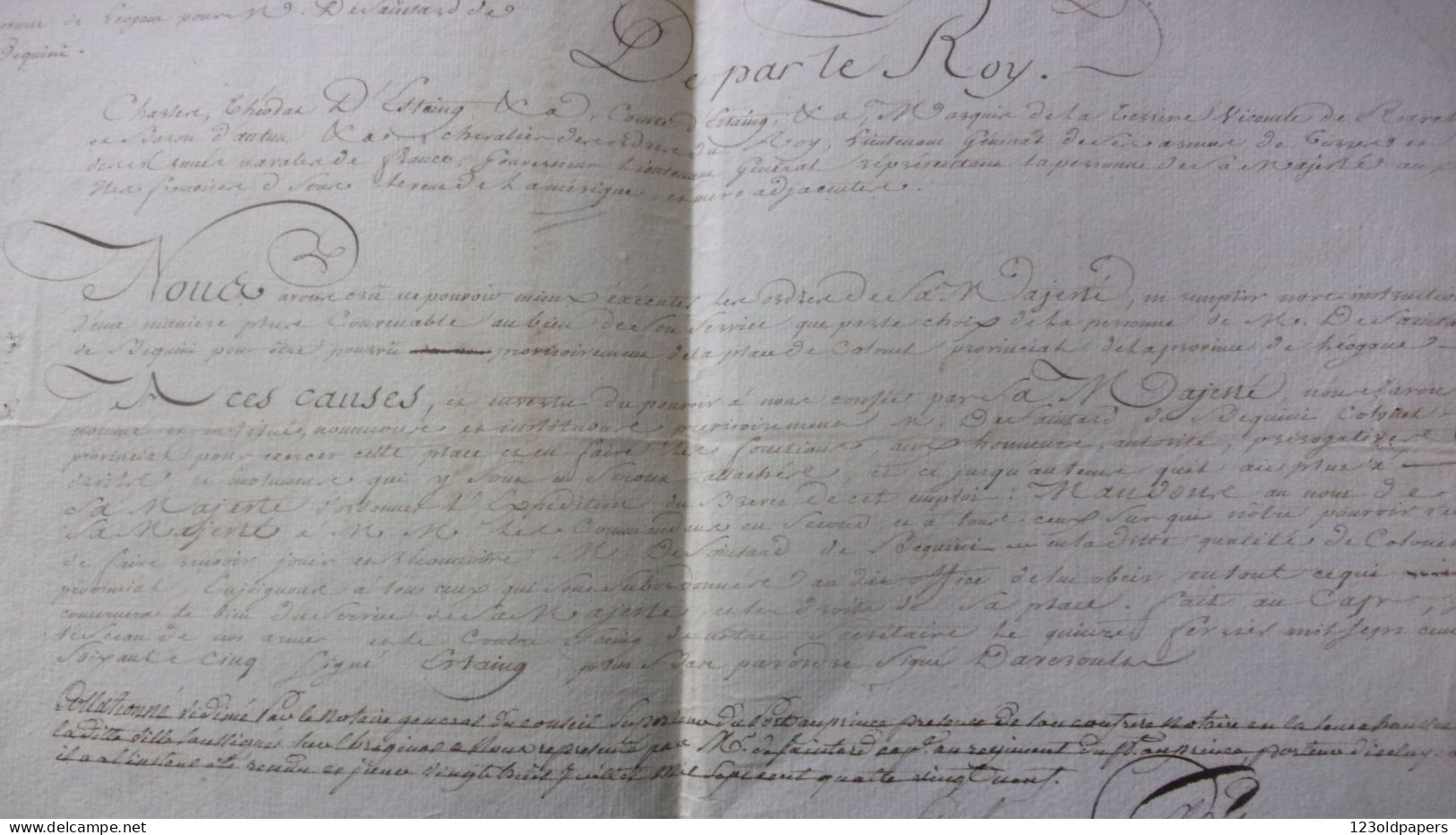 1765 HAITI LEOGANE BEQUINI / LIEUTENANT GENERAL DES ARMEES  COMTE ESTAING PORT AU PRINCE NOMINATION COLONEL PROVINCIAL D - Historical Documents