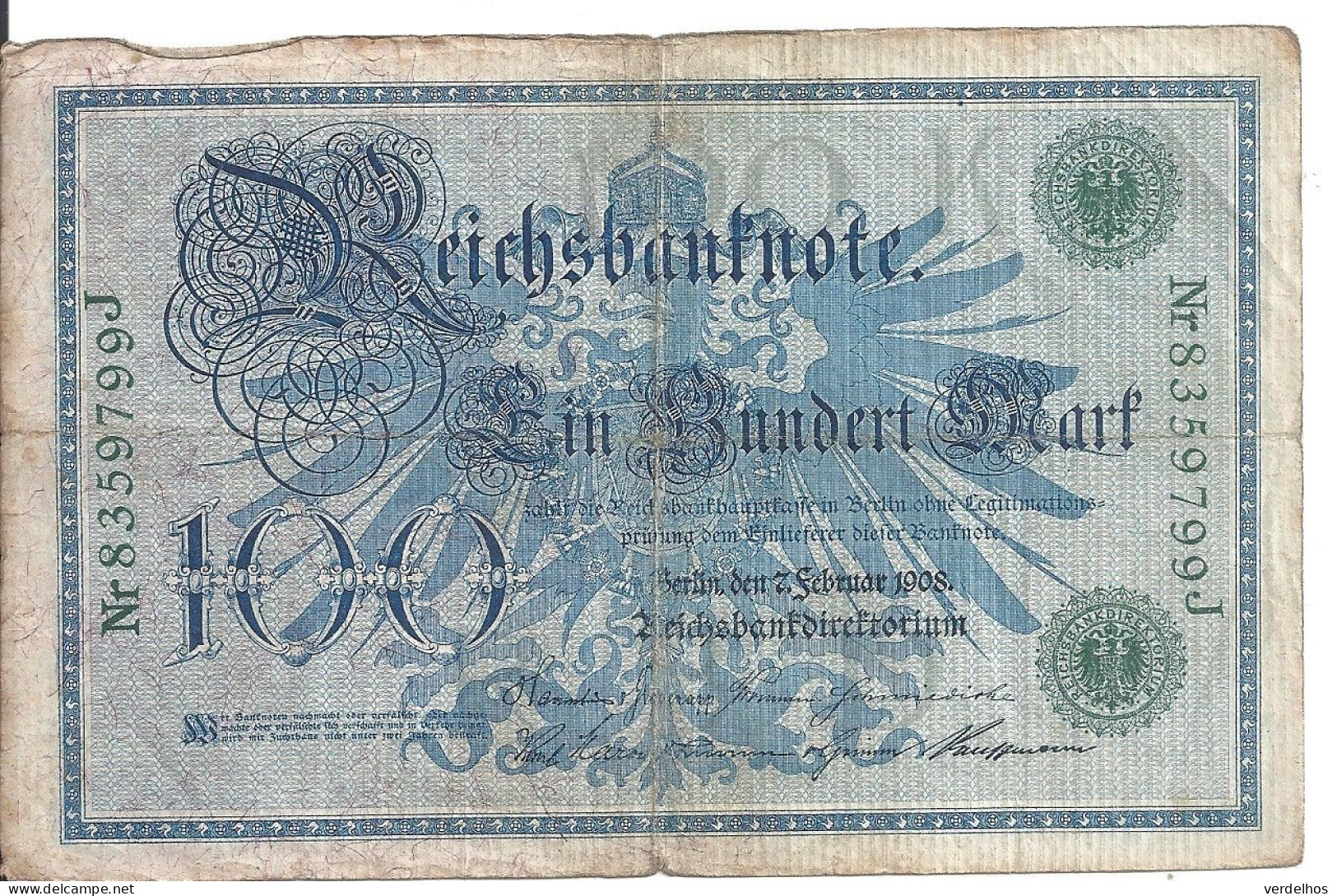 ALLEMAGNE 100 MARK 1908 VF P 34 - 100 Mark