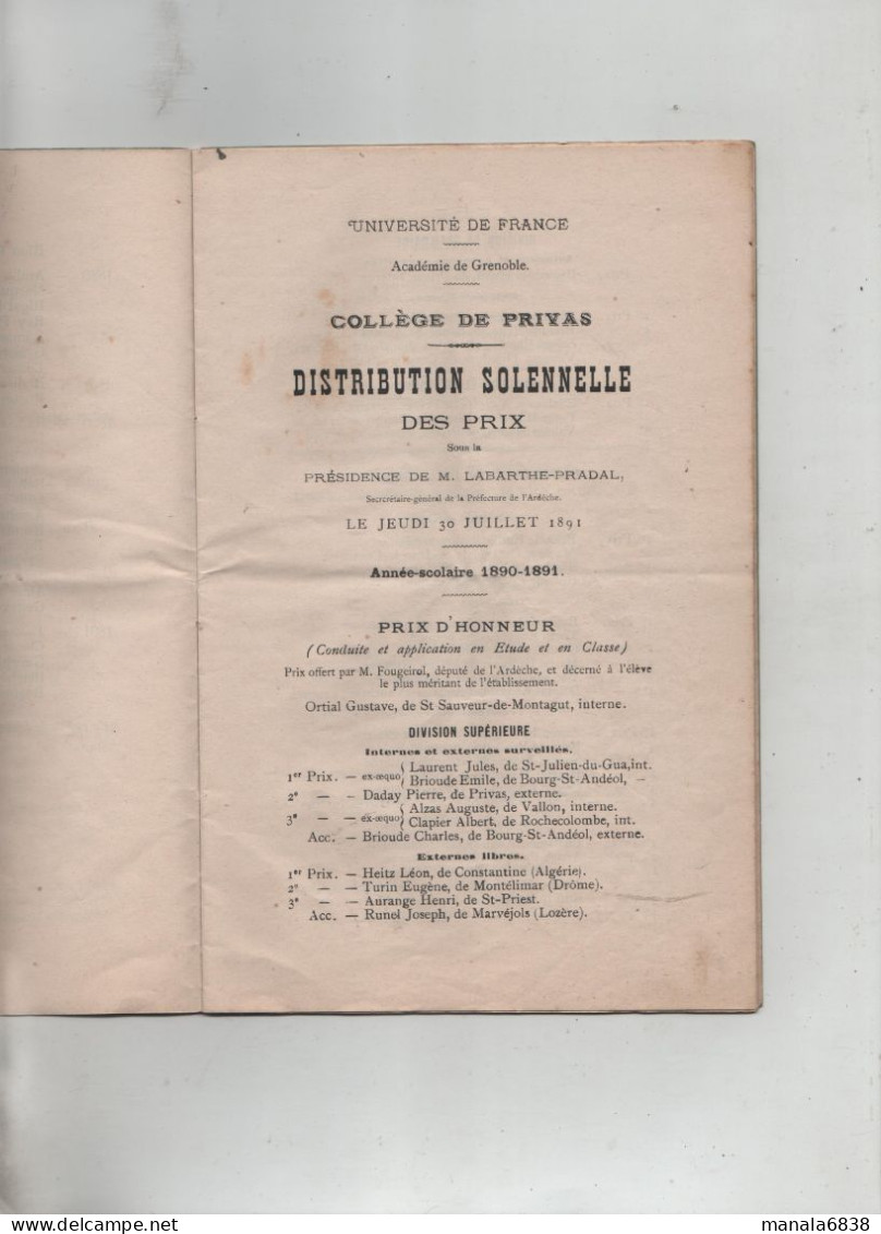 Distribution Solennelle Des Prix Collège Privas Exposition Scolaire Aubenas Aubenas 1890 1891 - Non Classés