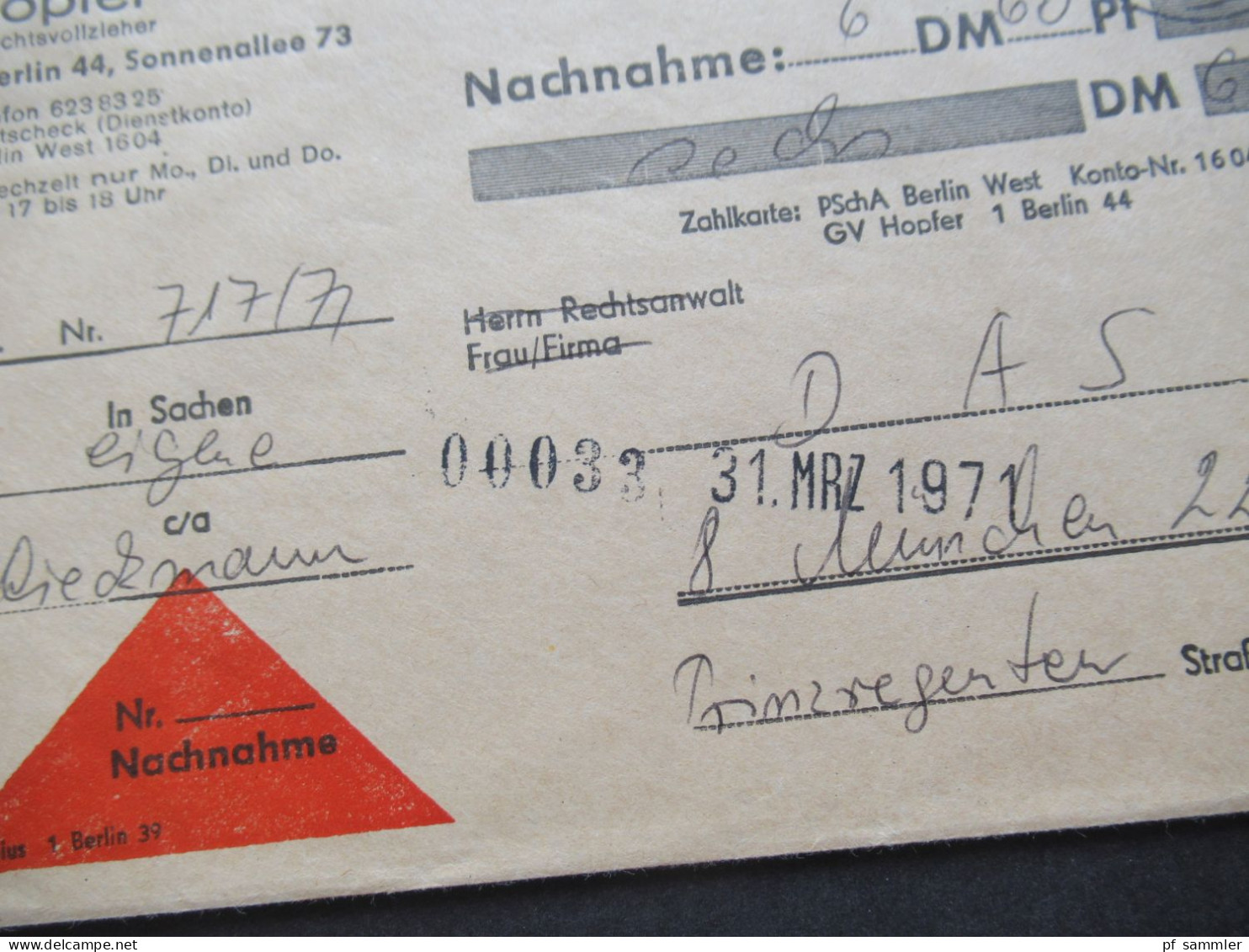 Berlin (West) 1969 / 71 Deutsche Bauwerke Nr.284 EF Nachnahme Beleg Gerichtsvollzieher Hopfer 1 Berlin 44 Nach München - Lettres & Documents