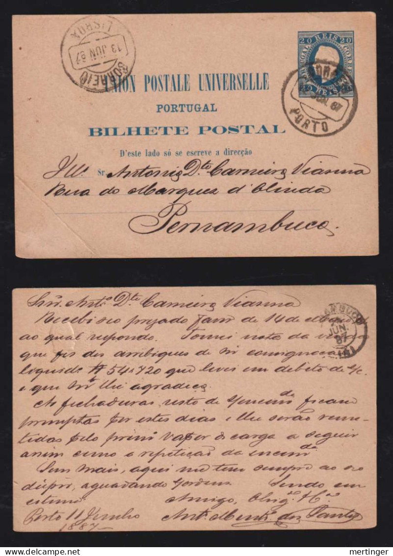 Portugal 1887 Stationery Card 20R Luis I PORTO X PERNAMBUCO Brazil - Storia Postale