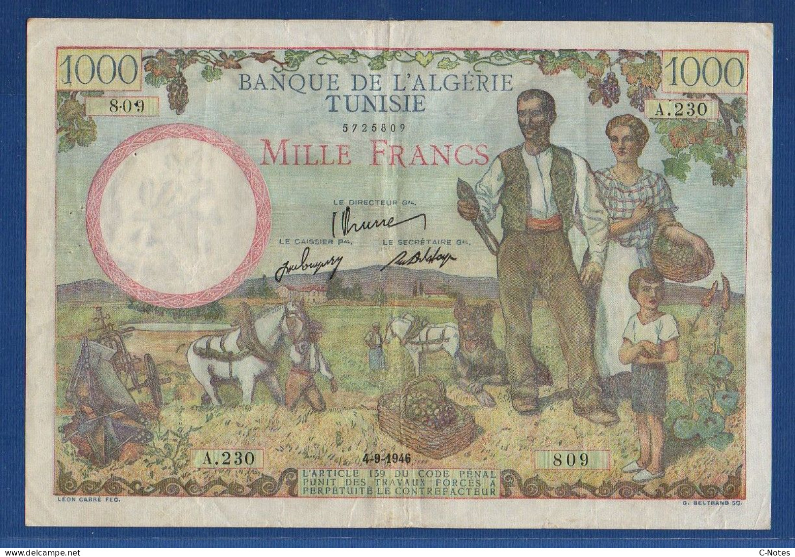 TUNISIA - P.26 – 1000 Francs 04.09.1946 F/VF, S/n A.230 809 - Tunisie