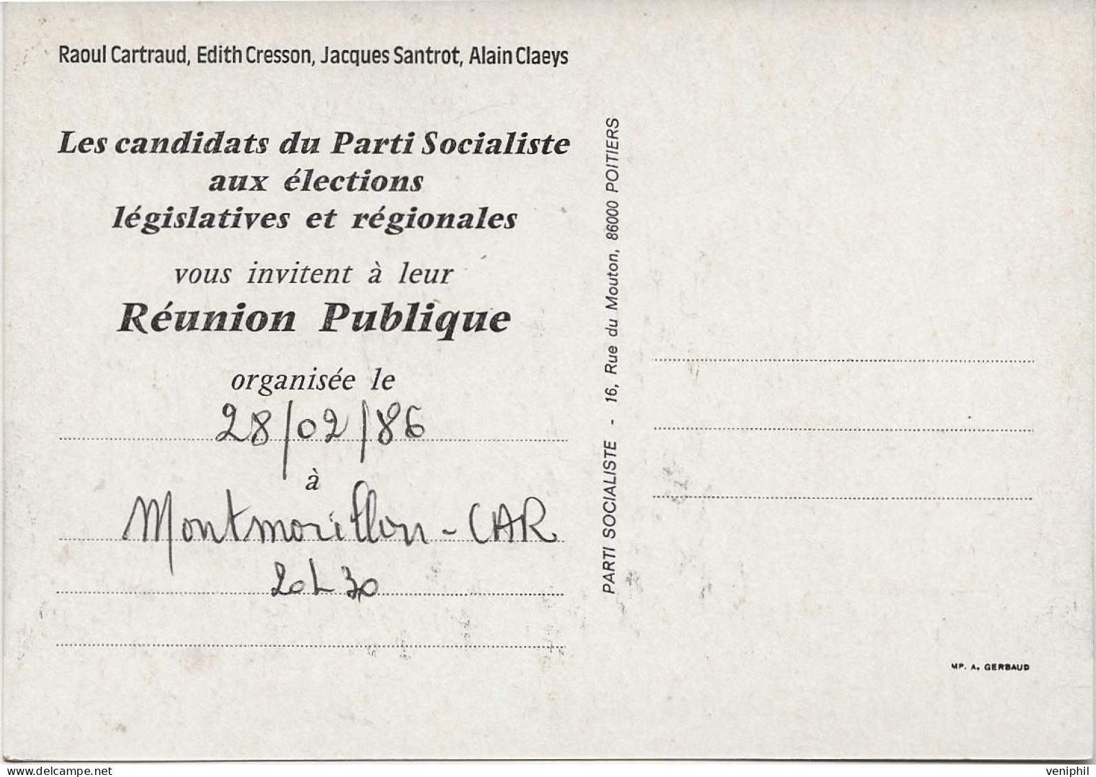 CARTE - PARTI SOCIALISTE - ELECTIONS LEGISLATIVES ET REGIONALES -REUNION PUBLIQUE  MONTMORILLON  -28021986 - Partiti Politici & Elezioni