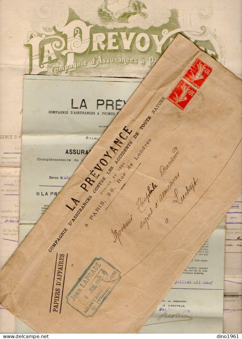 VP22.226 - MONTMORILLON 1912 - Enveloppe & Police D'Assurance De La Cie LA PREVOYANCE à PARIS - Mme Vve GAUDRON à MILLAC - Banque & Assurance