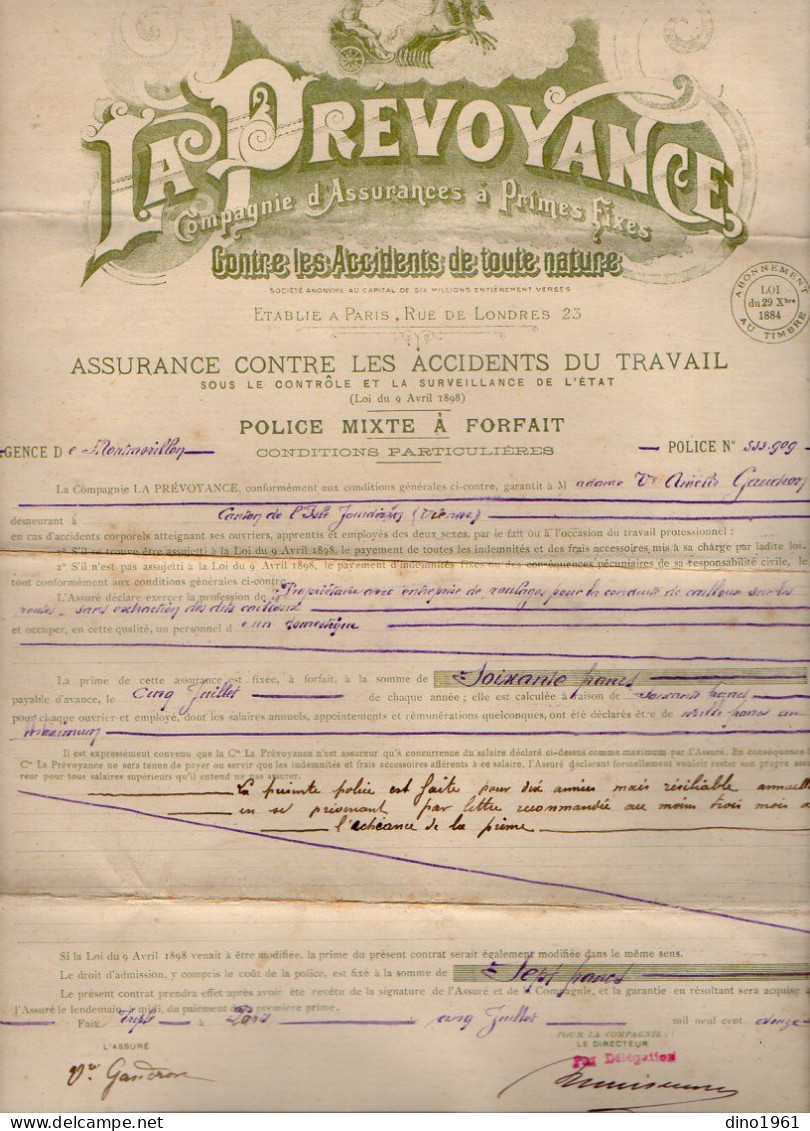 VP22.226 - MONTMORILLON 1912 - Enveloppe & Police D'Assurance De La Cie LA PREVOYANCE à PARIS - Mme Vve GAUDRON à MILLAC - Banque & Assurance