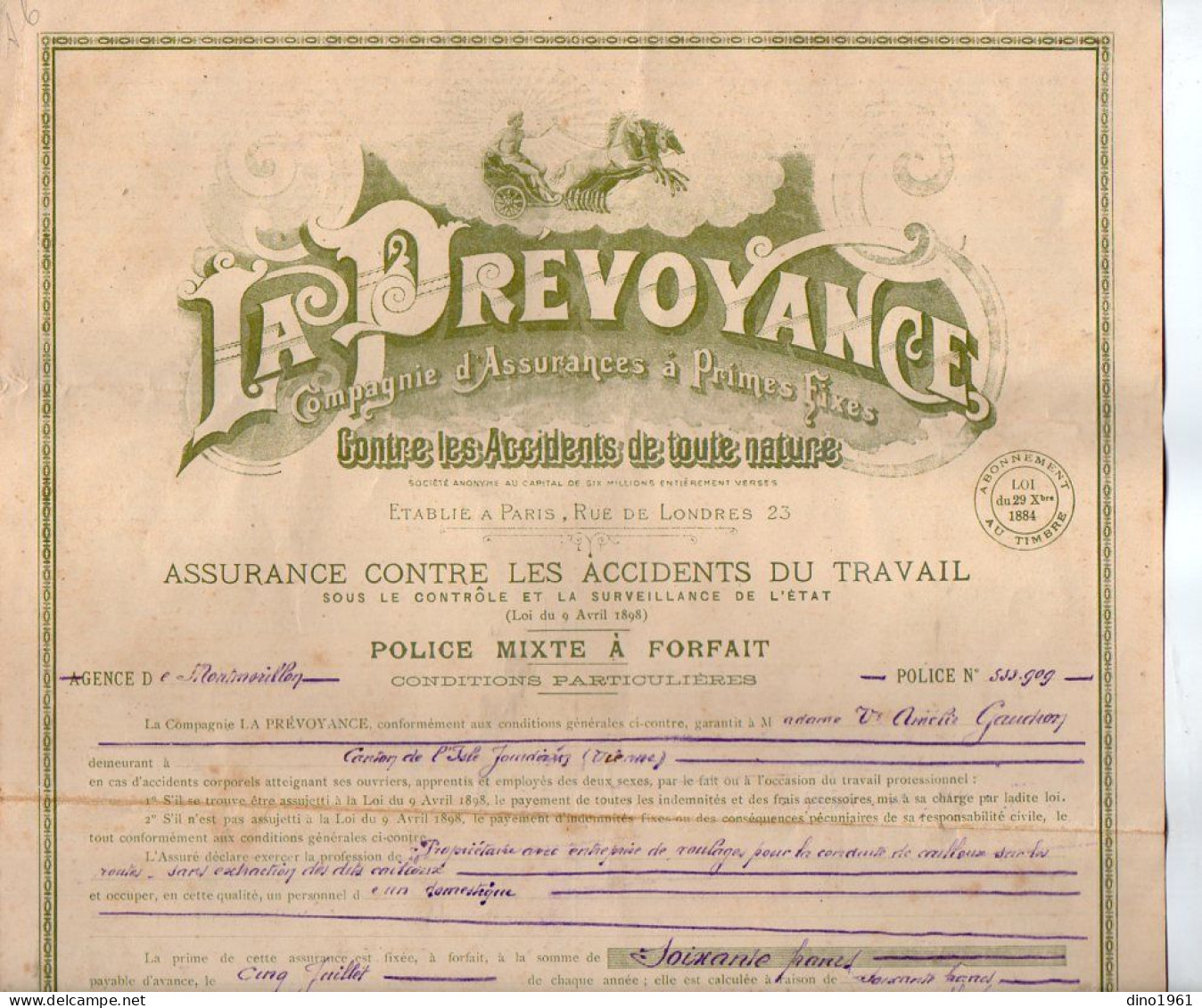 VP22.226 - MONTMORILLON 1912 - Enveloppe & Police D'Assurance De La Cie LA PREVOYANCE à PARIS - Mme Vve GAUDRON à MILLAC - Banque & Assurance