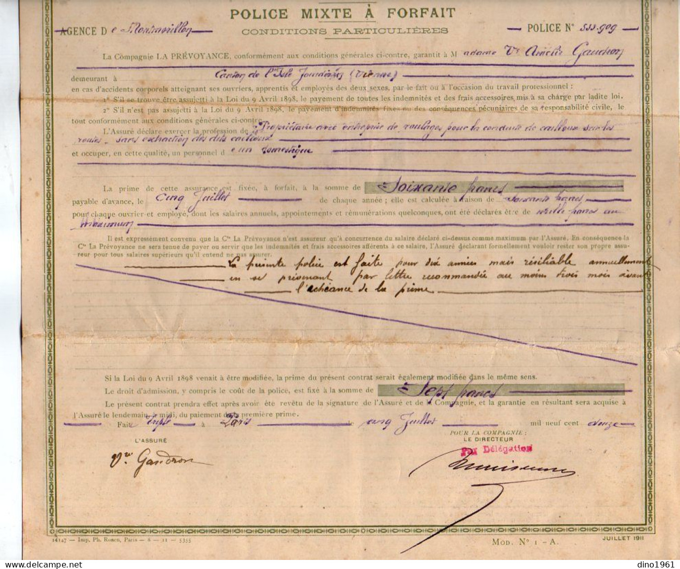 VP22.226 - MONTMORILLON 1912 - Enveloppe & Police D'Assurance De La Cie LA PREVOYANCE à PARIS - Mme Vve GAUDRON à MILLAC - Banque & Assurance