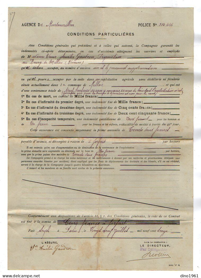 VP22.226 - MONTMORILLON 1912 - Enveloppe & Police D'Assurance De La Cie LA PREVOYANCE à PARIS - Mme Vve GAUDRON à MILLAC - Banque & Assurance