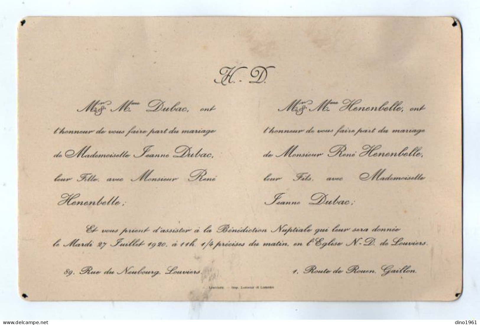 VP22.227 - LOUVIERS X GAILLON 1920 - Faire - Part De Mariage De Mr René HENENBELLE Avec Melle Jeanne DUBAC - Wedding