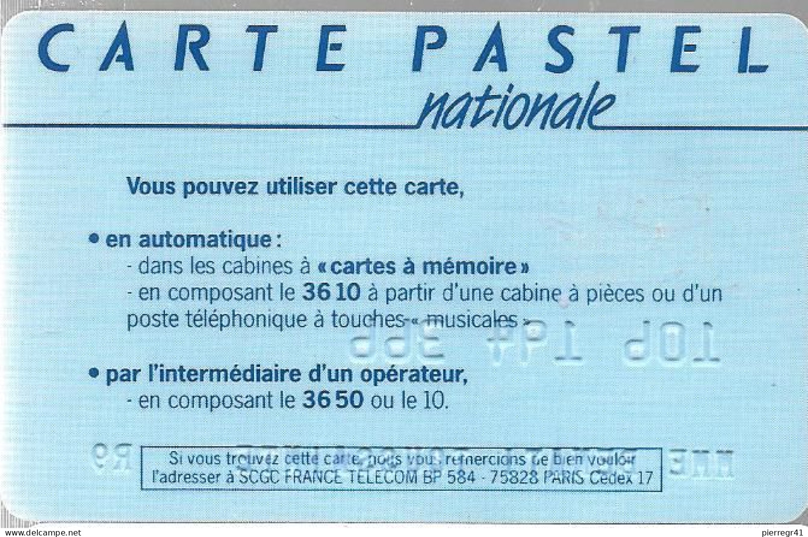 1-CARTE PUCE-BULL D-FRANCE TELECOM-PASTEL-NATIONALE- V° En Bas France Telecom BP584-TBE -  Schede Di Tipo Pastel   