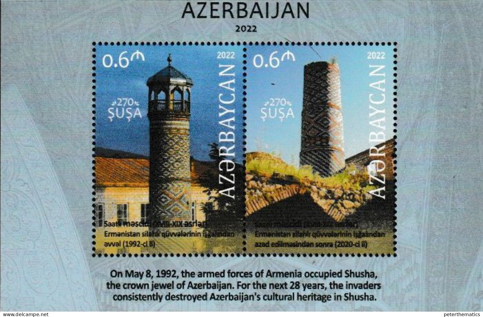 AZERBAIJAN, 2022, MNH,SHUSHA ,ARCHITECTURE, MOSQUES, SHEETLET OF 2v - Moschee E Sinagoghe