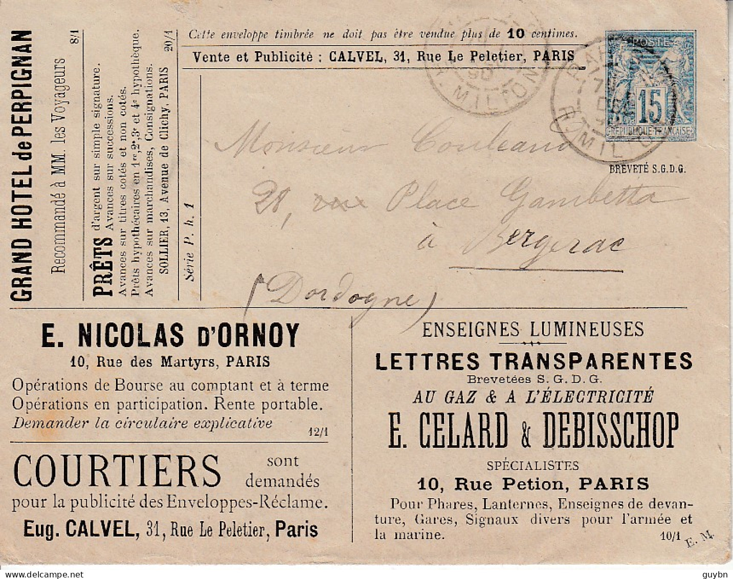 France .. Entier Enveloppe Annonces 15 C Sage .. SAG J75 A .. Editions Calvel Sur J69 .. Publicités Paris - Overprinted Covers (before 1995)