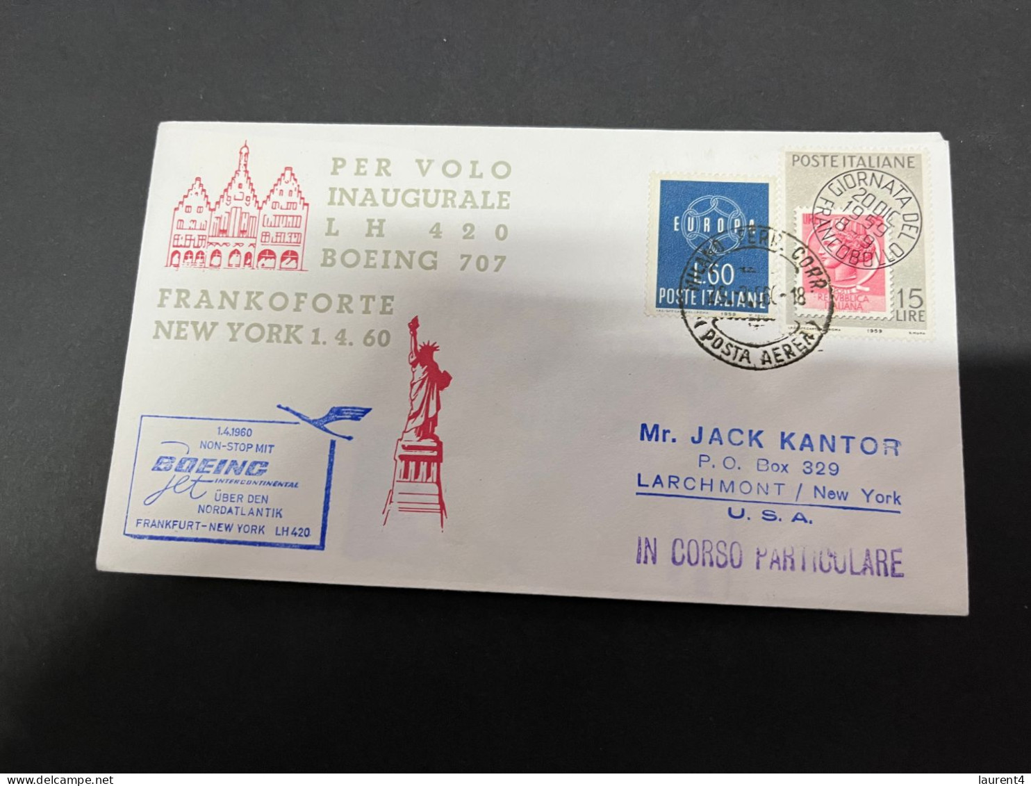 (2 R 27) Italy EUROPA 1959 - First Flight Gtom Germany To USA (Statue Of Liberty) - 1959