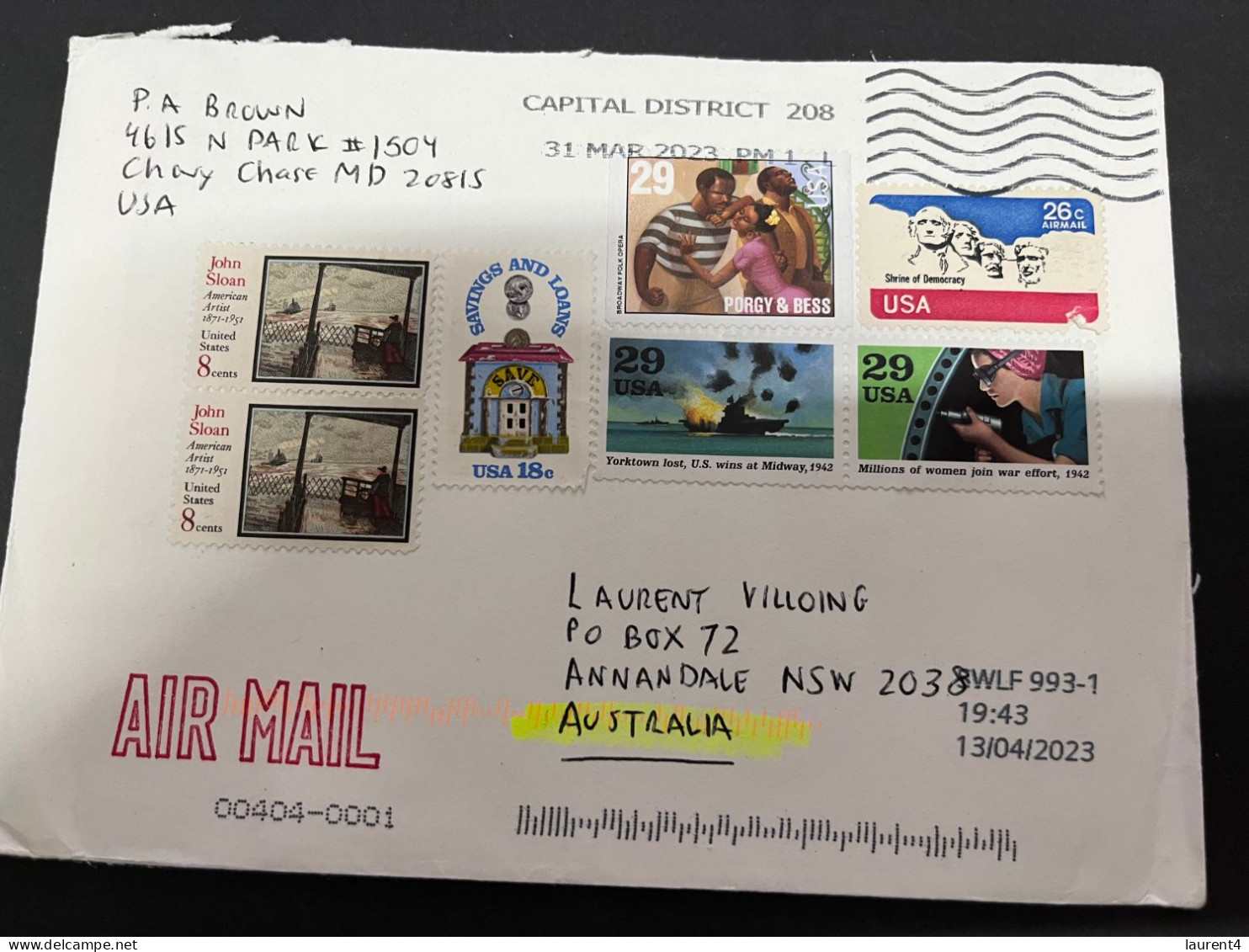 (2 R 27) Letters Posted From USA To Australia - 1 Cover (posted During COVID-19) Many Stamps (18 X 13,5 Cm) - Lettres & Documents