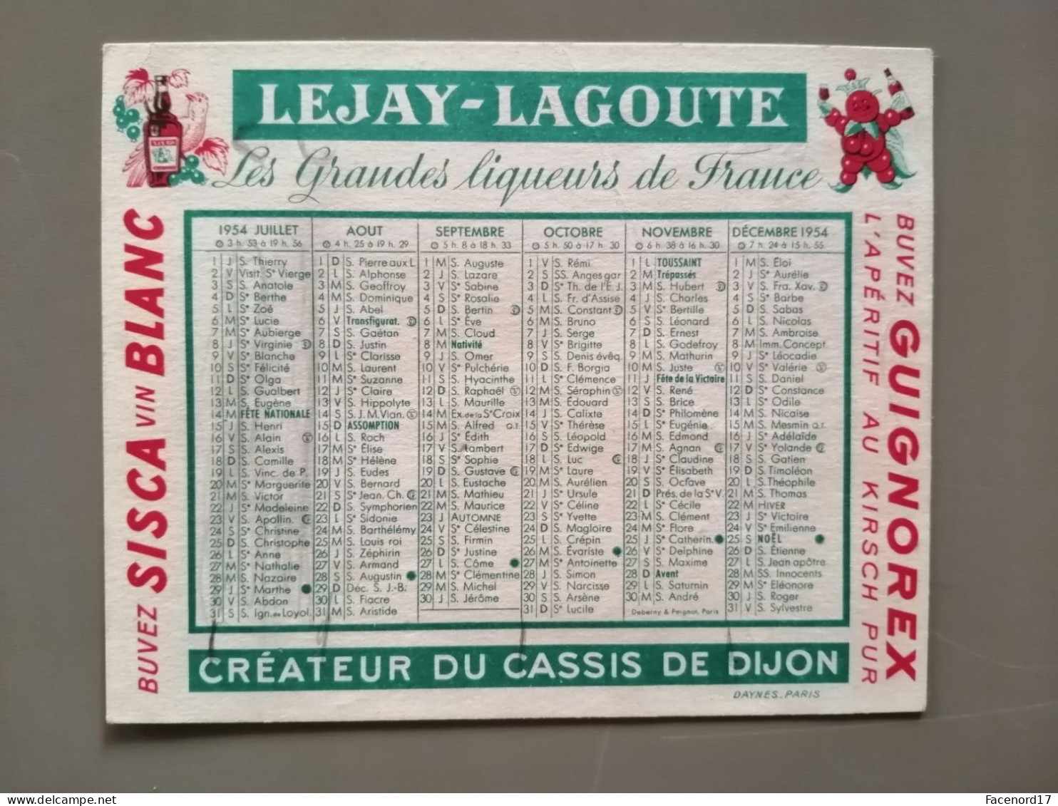 Petit Calendrier Lejay-Lagoute Créateur Du Cassis De Dijon 1954 - Petit Format : 1941-60