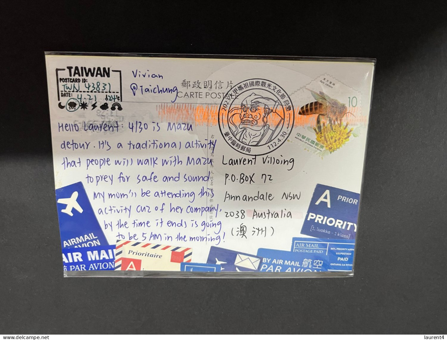 (2 R 28) Taiwan - Posted To Australia - COVID-19 - Taiwan Can Help (bee Stamp) - Santé