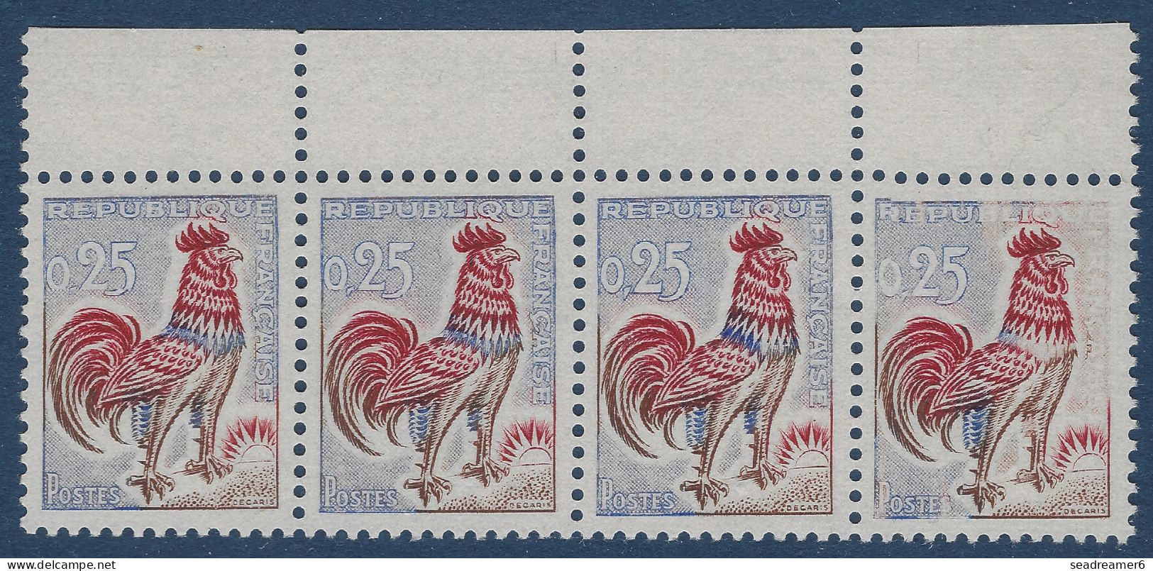 Coq De DECARIS N°1331** 0.25c Bde De 4 Variété D'impression Dégradée Du Bleu Spectaculaire & RR Ainsi ! Signé PIGERON - 1962-1965 Hahn (Decaris)