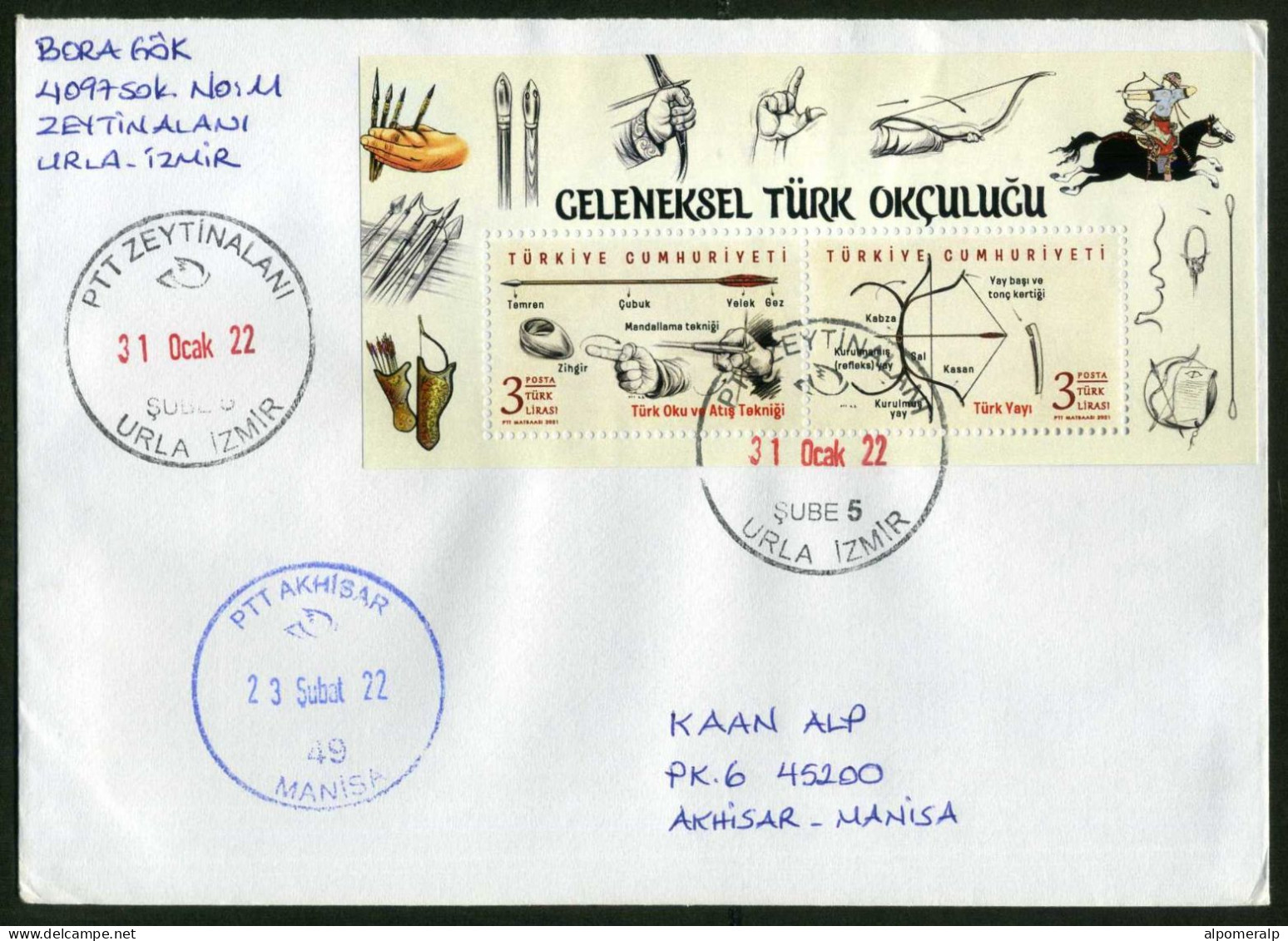Türkiye 2021 Traditional Turkish Archery | Domestic Mail Cover Used To Akhisar From Gördes | Arrow And Bow - Tiro Con L'Arco