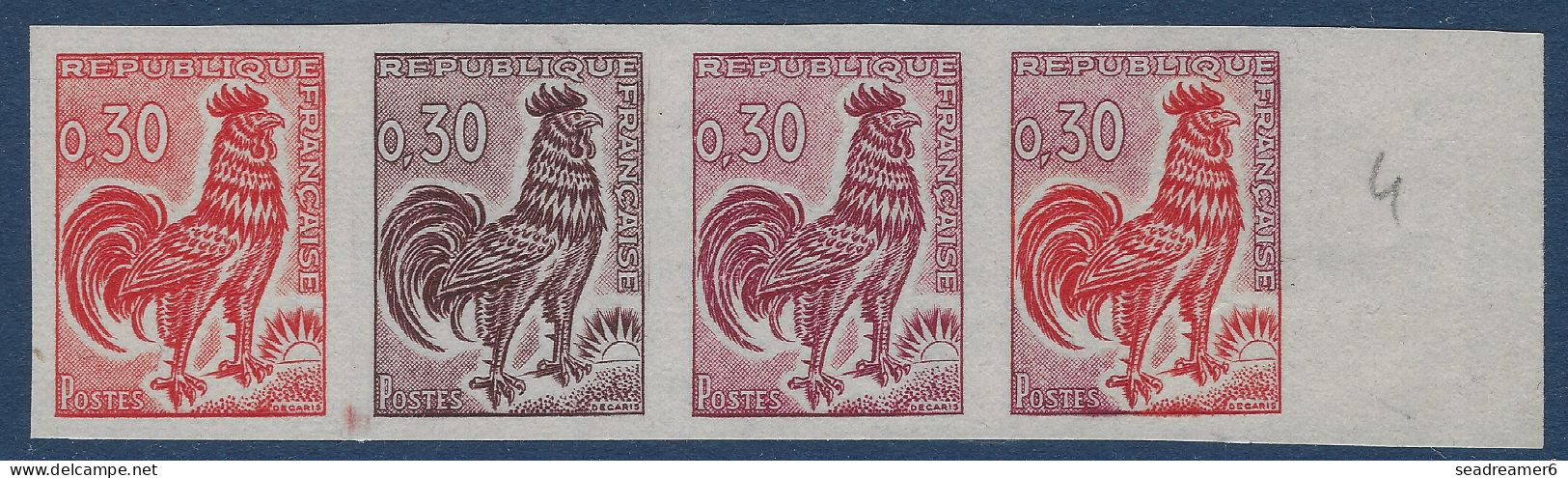 Coq De DECARIS N°1331A** 0.30c Bande De 4 BDFeuille En Essais De Couleurs RR Sur Les Coqs TTB - 1962-1965 Gallo De Decaris