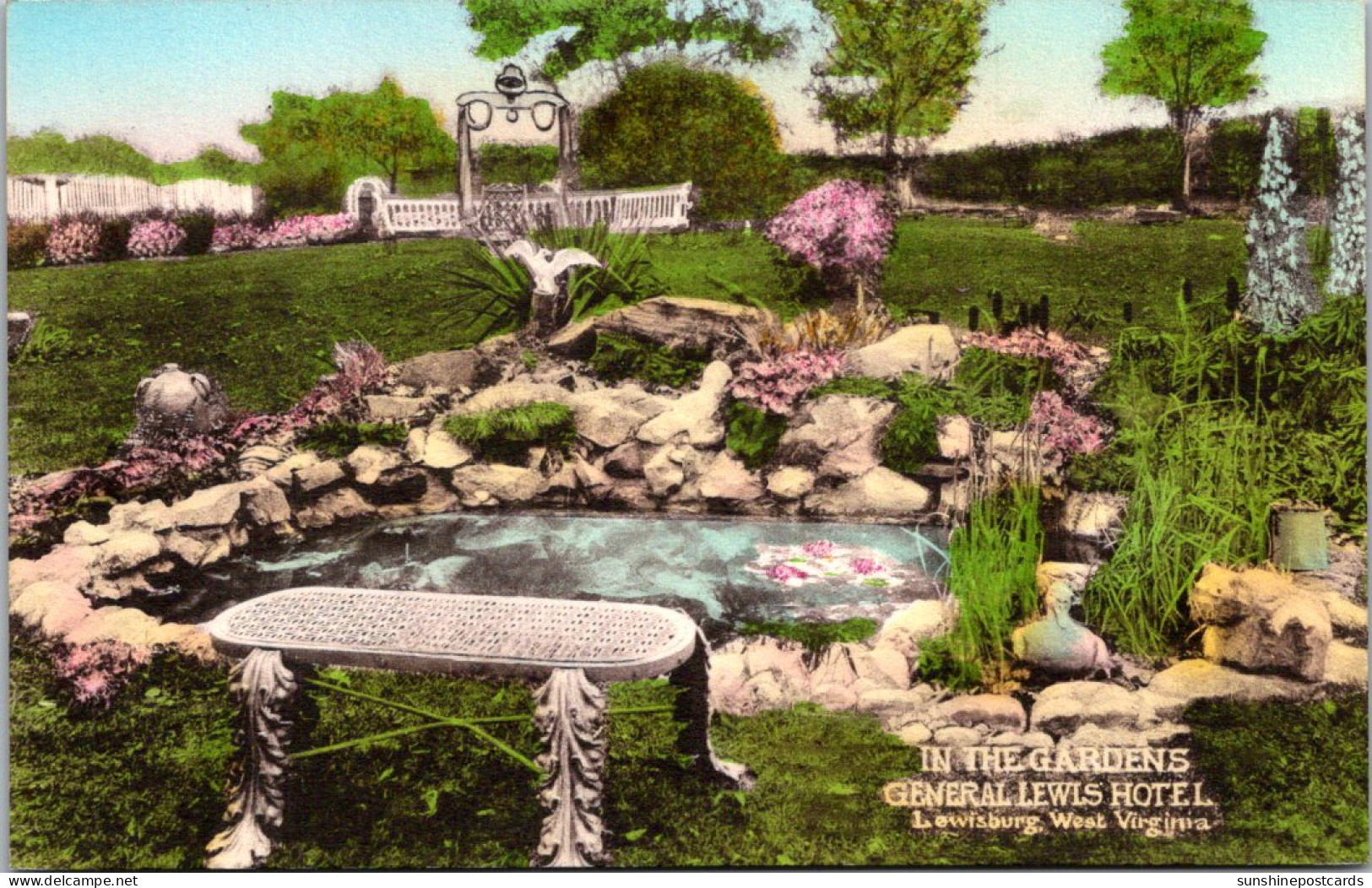 West Virginia Lewisburg The General Lewis Hotel Gardens Handcolored Albertype - Altri & Non Classificati