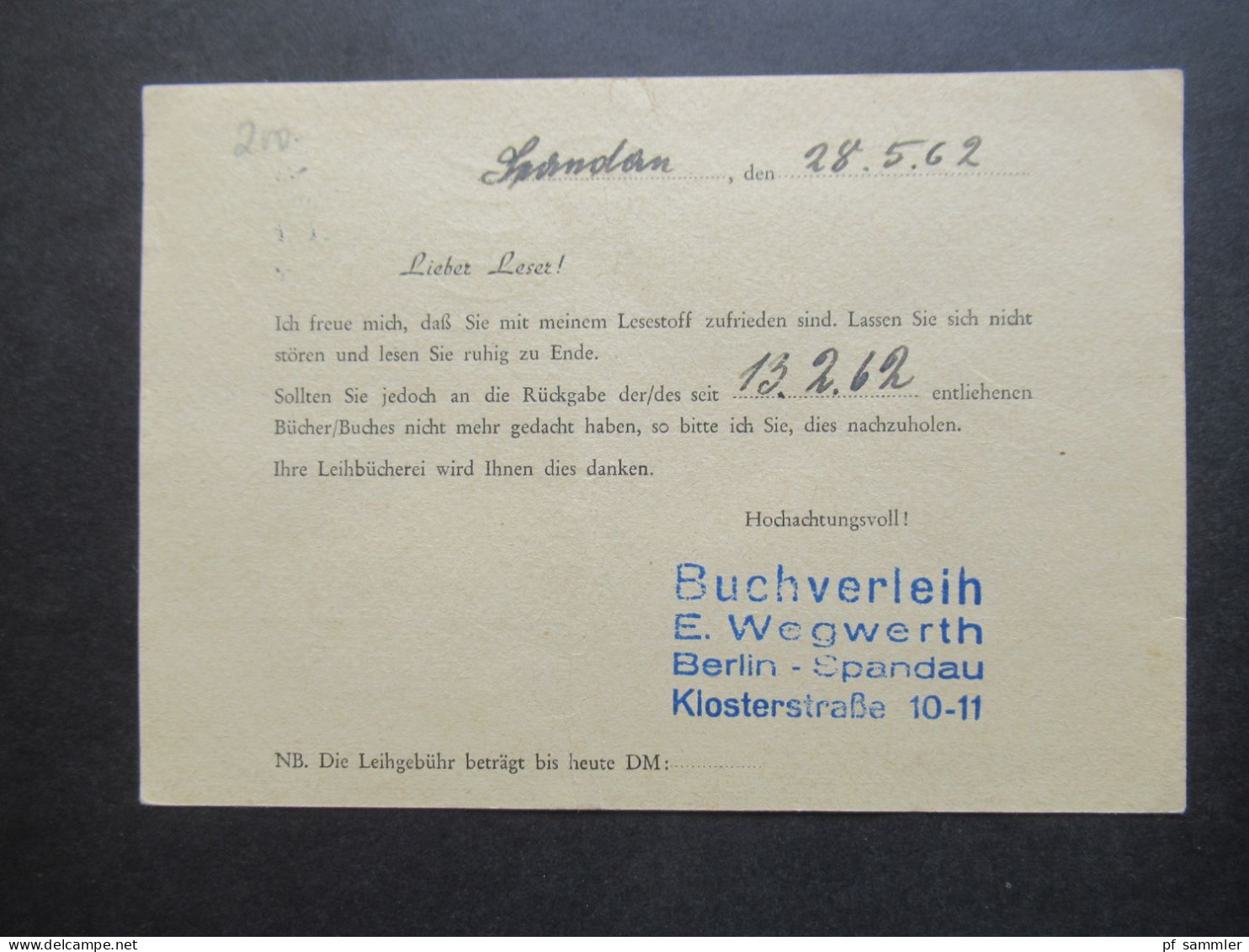 Berlin (West) 1962 Bedeutende Deutsche Nr.200 EF Drucksache Spandau Buchverleih E. Wegwerth Klosterstraße 10 - 11 - Covers & Documents