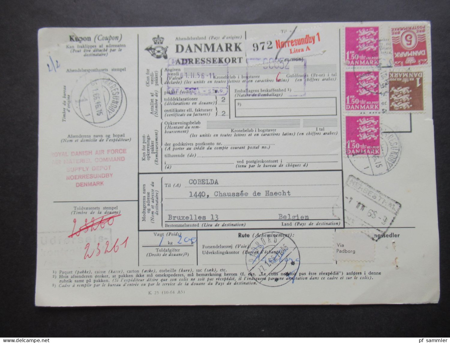 1966 Auslandspaketkarte Nach Brüssel Absender St. Royal Danish Air Force Material Command Supply Depot Noerresundby - Briefe U. Dokumente