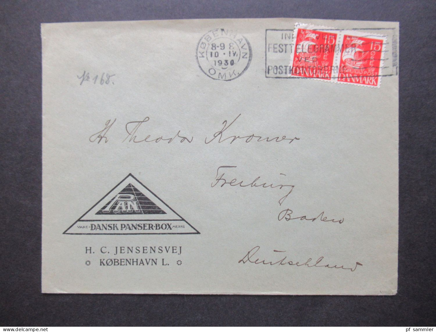 Dänemark 1927 / 30 Mi.Nr.168 (2) Umschlag Dansk Panser Box H.C. Jensensvej Kobenhavn Nach Freiburg Gesendet - Covers & Documents