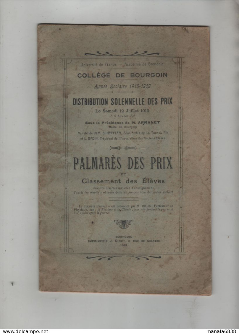 Collège Bourgoin Distribution Solennelle Des Prix Palmarès Classement élèves 1919 - Non Classés