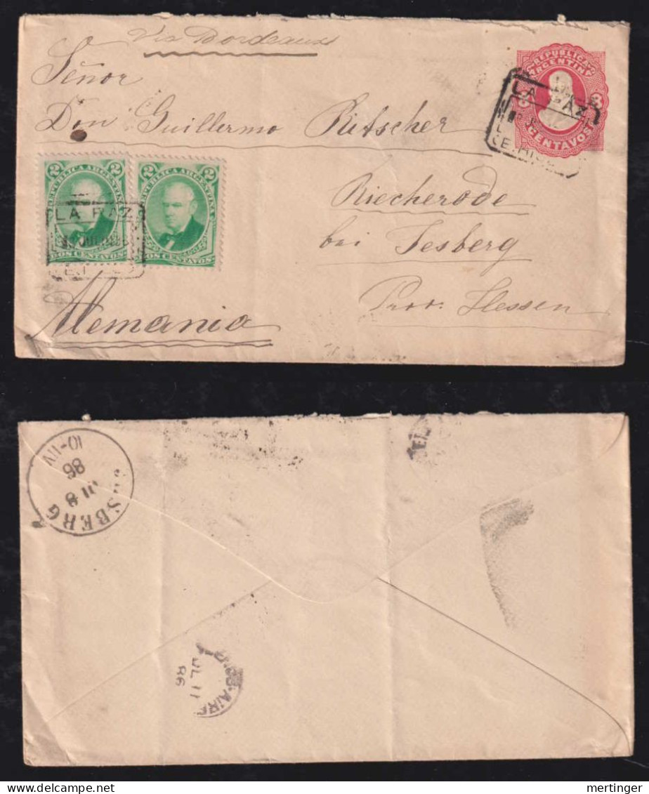 Argentina 1886 Uprated Stationery Envelope 8c + 2x2c Railway Ambulante Postmark LA PAZ X JESBERG Germany - Briefe U. Dokumente