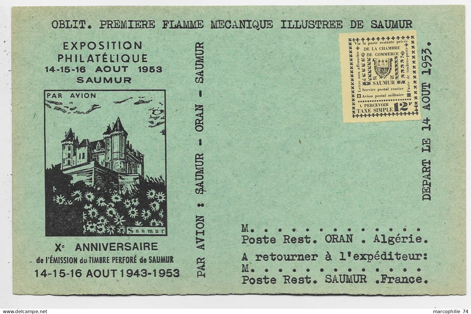 GREVE VIGNETTE TAXE SIMPLE 12FR CARTE SPECIALE EXPO PHIL SAUMUR MAINE ET LOIRE 1953 - Marken