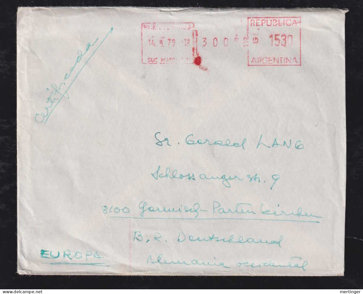 Argentina 1979 Registered Meter Cover BUENOS AIRES X GARMISCH Germany - Storia Postale