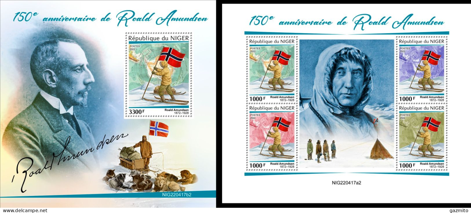 Niger 2022, Explorers, Amundsen, 4val In BF+BF - Polar Explorers & Famous People