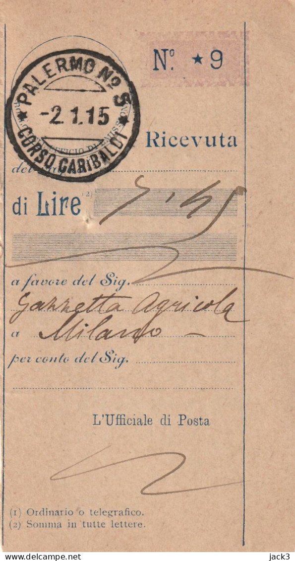 RICEVUTA PACCO POSTALE - 1915 - Postpaketten