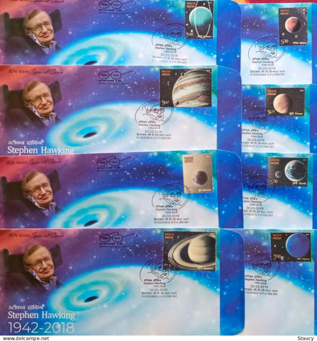 India 2018 The Solar System Stamps On Stephen Hawking Cosmologist Black Hole Solar Science Set Of 8 Special Covers - Azië