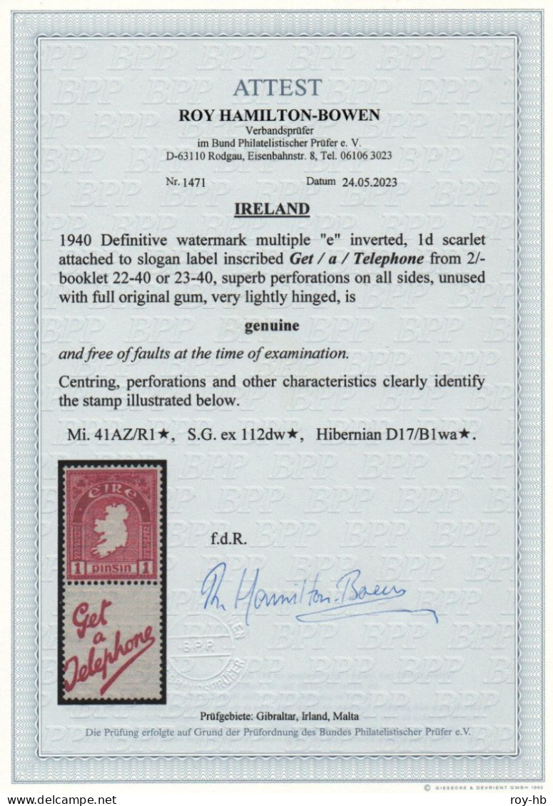 1940 'e' Watermark Booklet Stamp With Label Superb Mint, Clear Certificate. - Ungebraucht