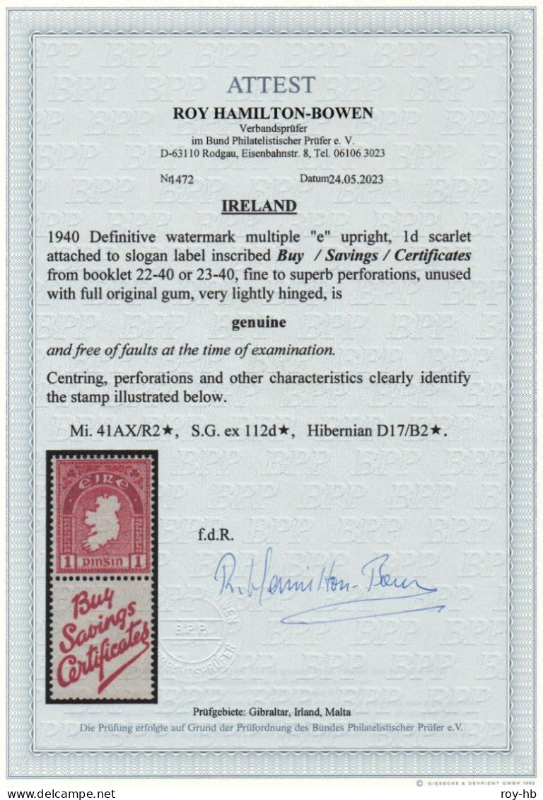 1940 'e' Watermark Booklet Stamp With Label Superb Mint, Clear Certificate. - Nuevos