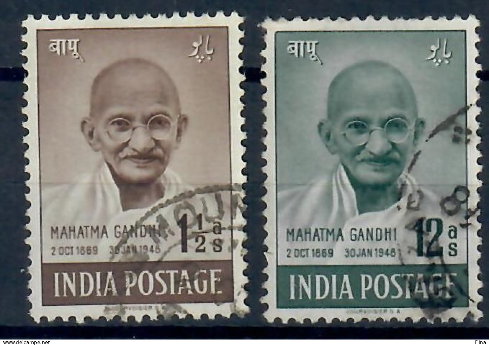 INDIA 1948 MAHATMA GANDHI 2 VALORI USATI - Oblitérés