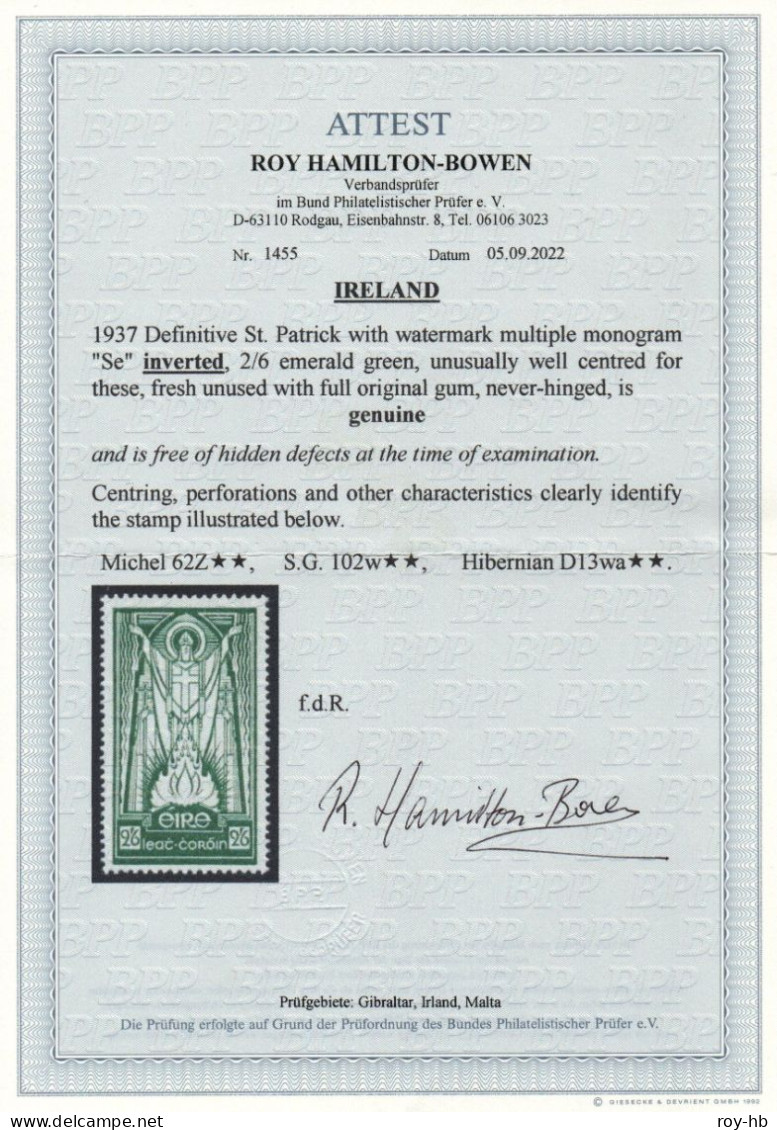 1937 St. Patrick 2/6 With "Se" Wmk. Inverted, Superb Never-hinged With Clear Certificate - Nuevos